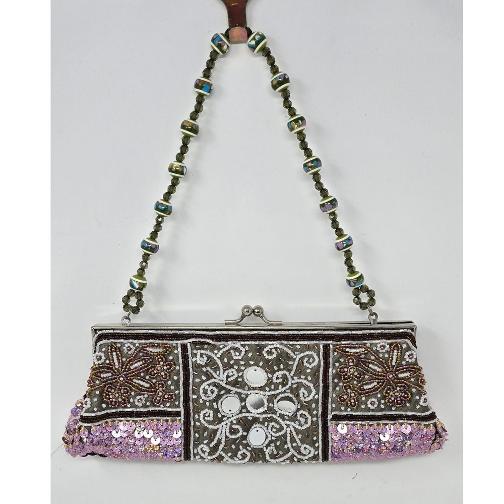 Y2K Vtg beaded sequin mirror clutch women evening bag club wear festival retro